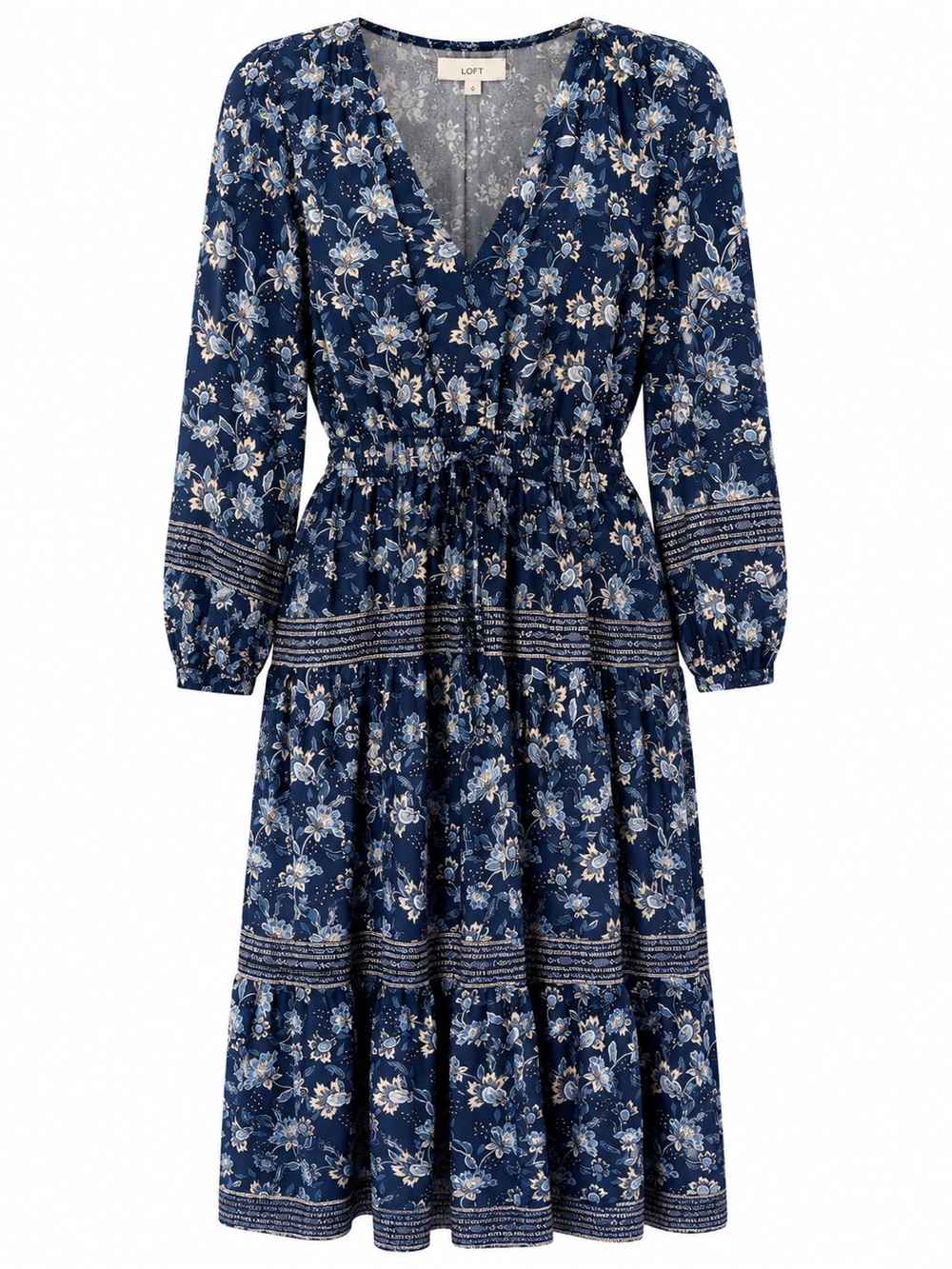 LOFT Blue Floral Boho Midi Dress Long Sleeve Peasant Prairie Cottagecore L